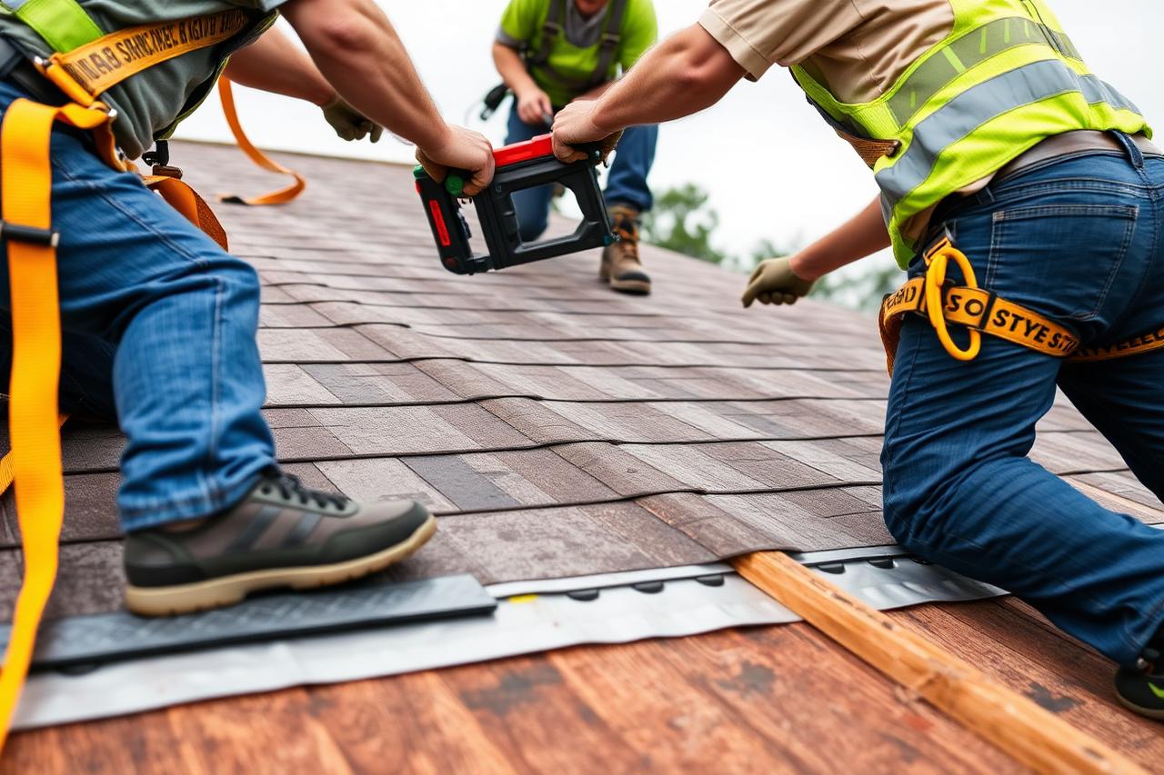 Roofers installing underlayment and starter shingles on a residential roof deck