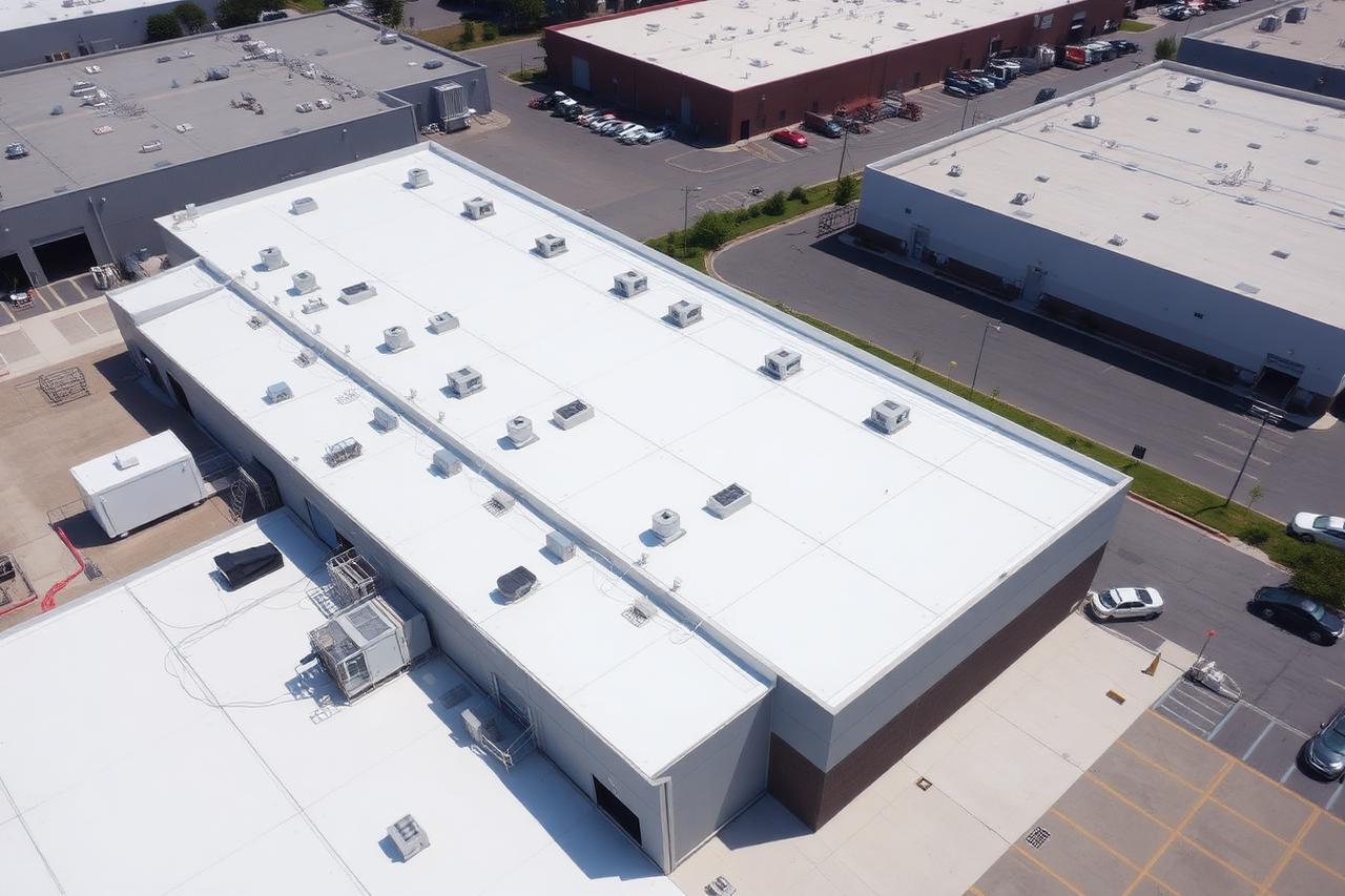 White TPO flat membrane roof on a large warehouse in Edison, New Jersey