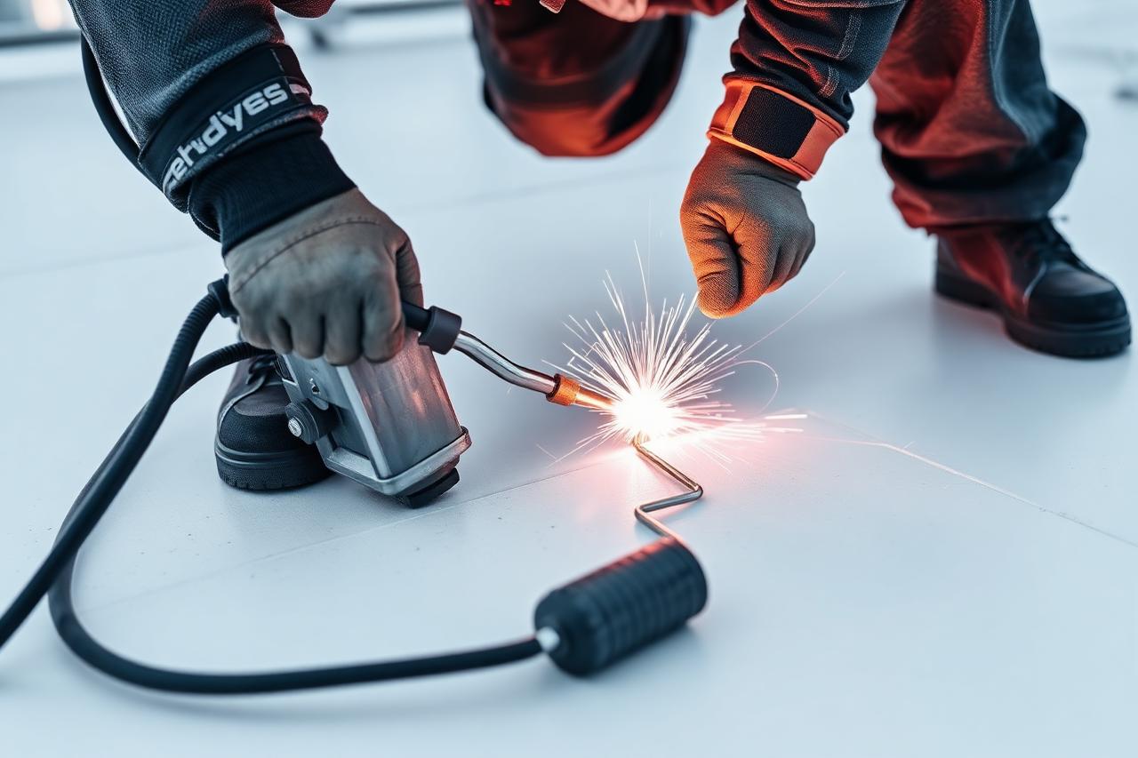 Roofer hot-air welding a seam on a white TPO commercial membrane roof