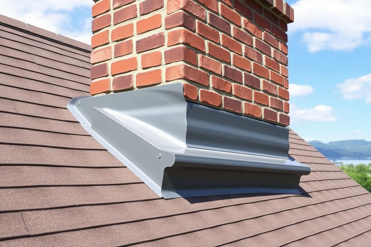 New metal step flashing and counterflashing installed at a brick chimney on a shingle roof