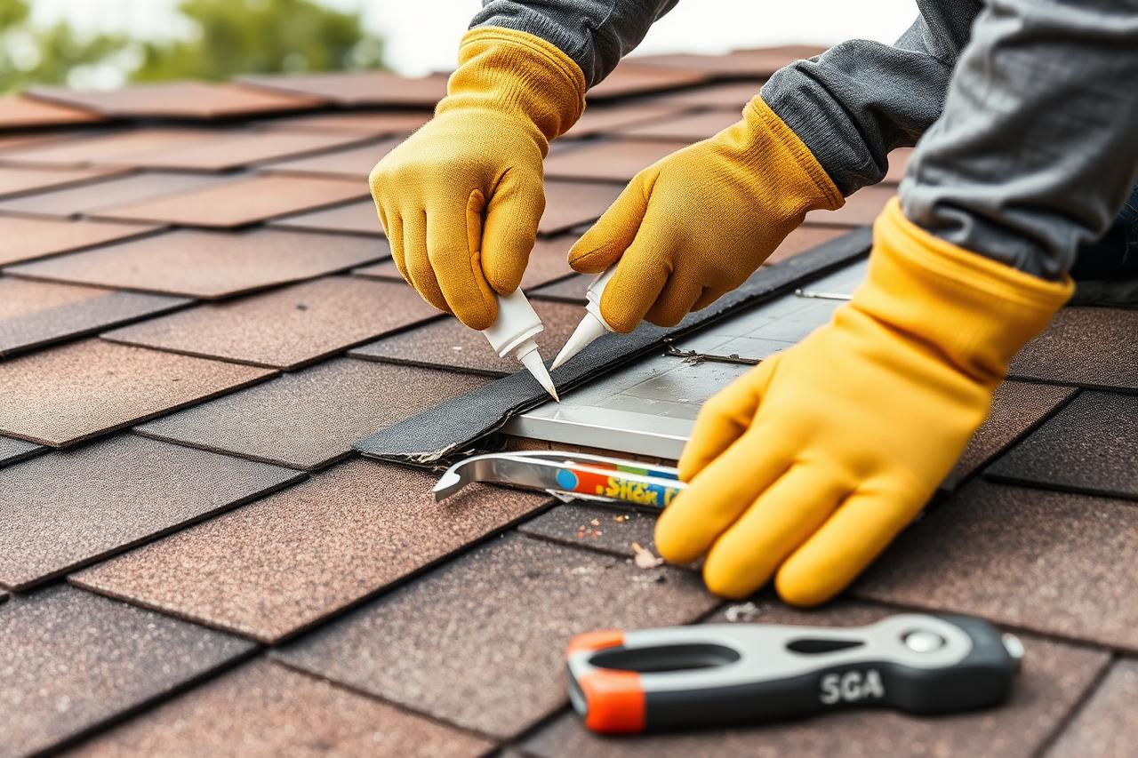 Roofer sealing chimney flashing on an asphalt shingle roof