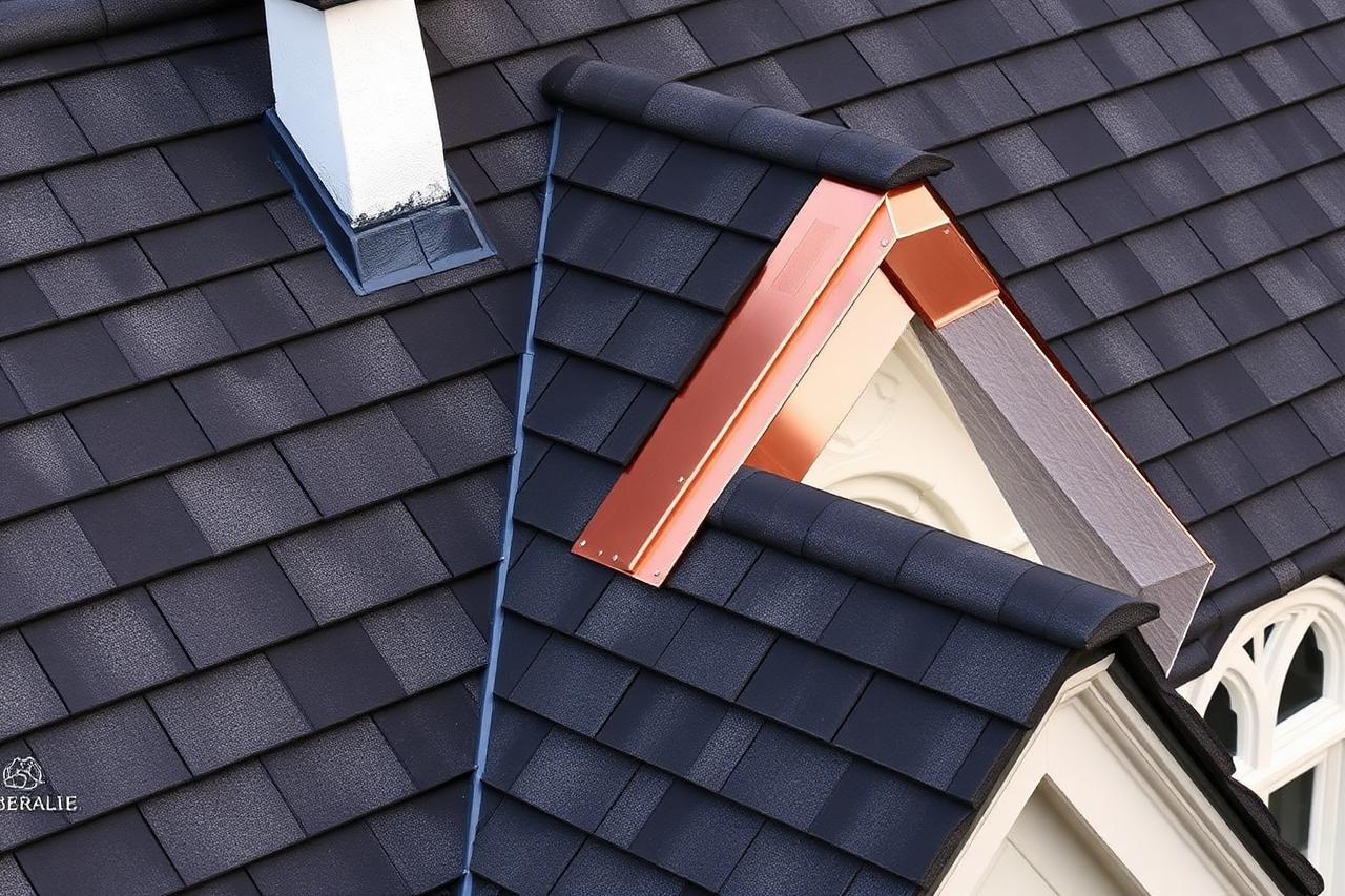 New metal valley flashing and dark architectural shingles on a steep Victorian roof
