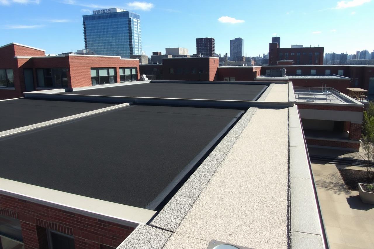 Modified bitumen flat roof with granulated cap sheet on a Newark, NJ mixed-use building