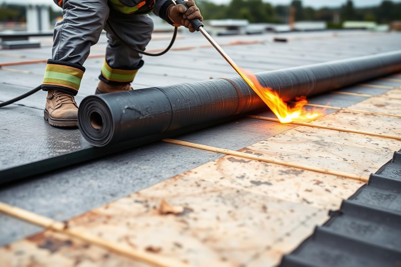 Roofer torch-applying a modified bitumen roll over insulation board on a commercial roof