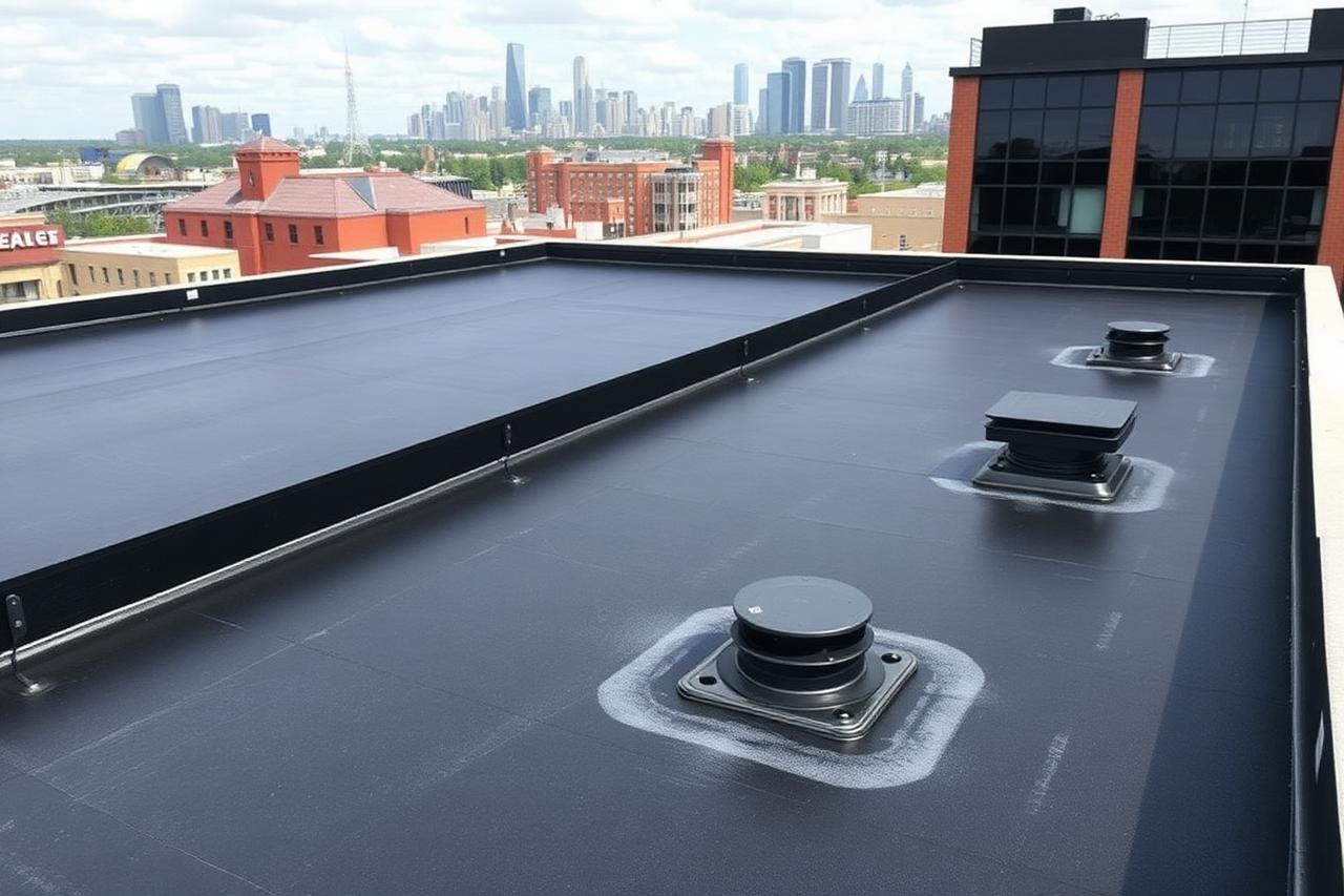 Black EPDM rubber flat roof on a Paterson, NJ commercial building with parapet walls