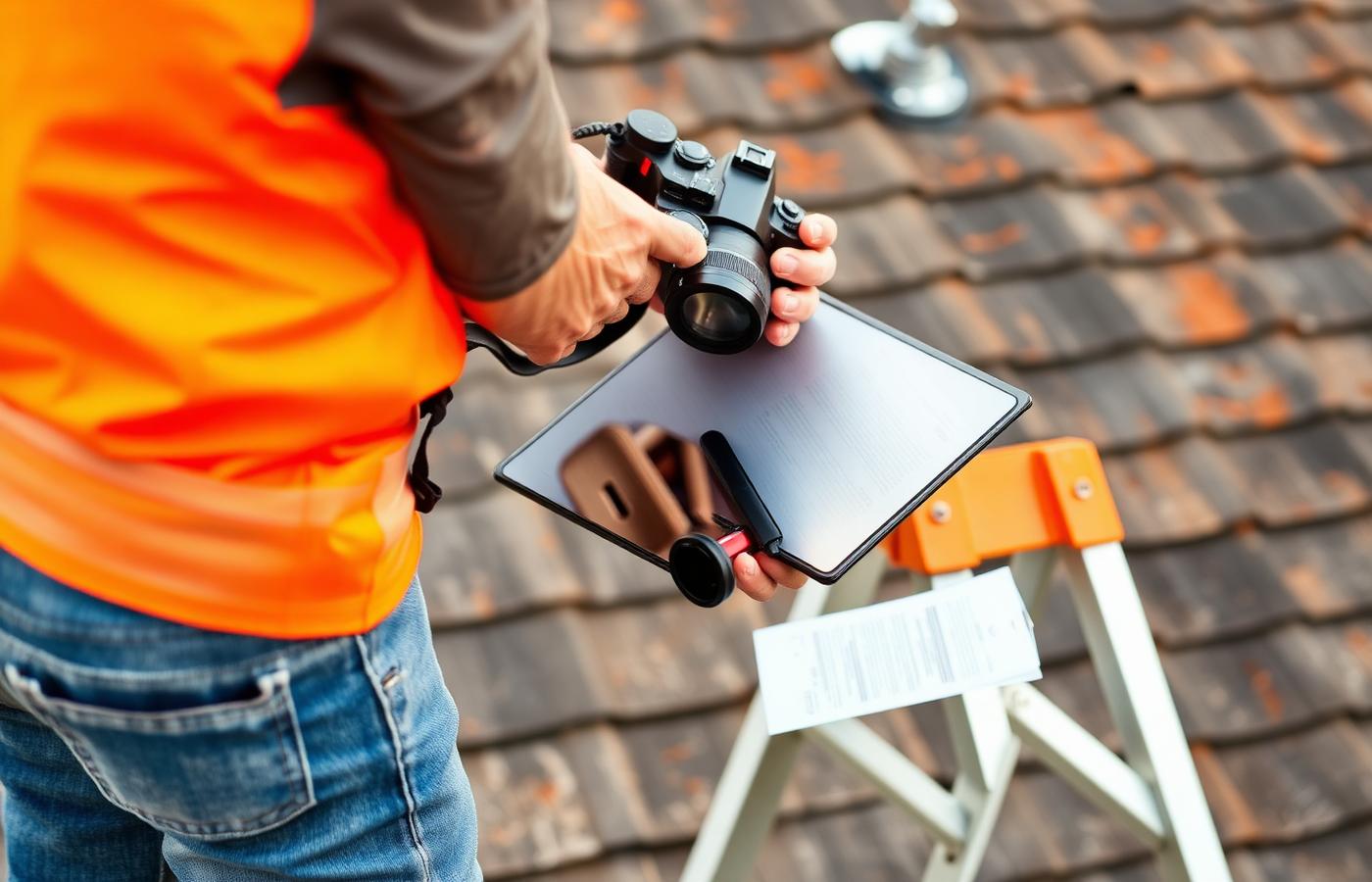 Roofer documenting roof condition with a camera and tablet
