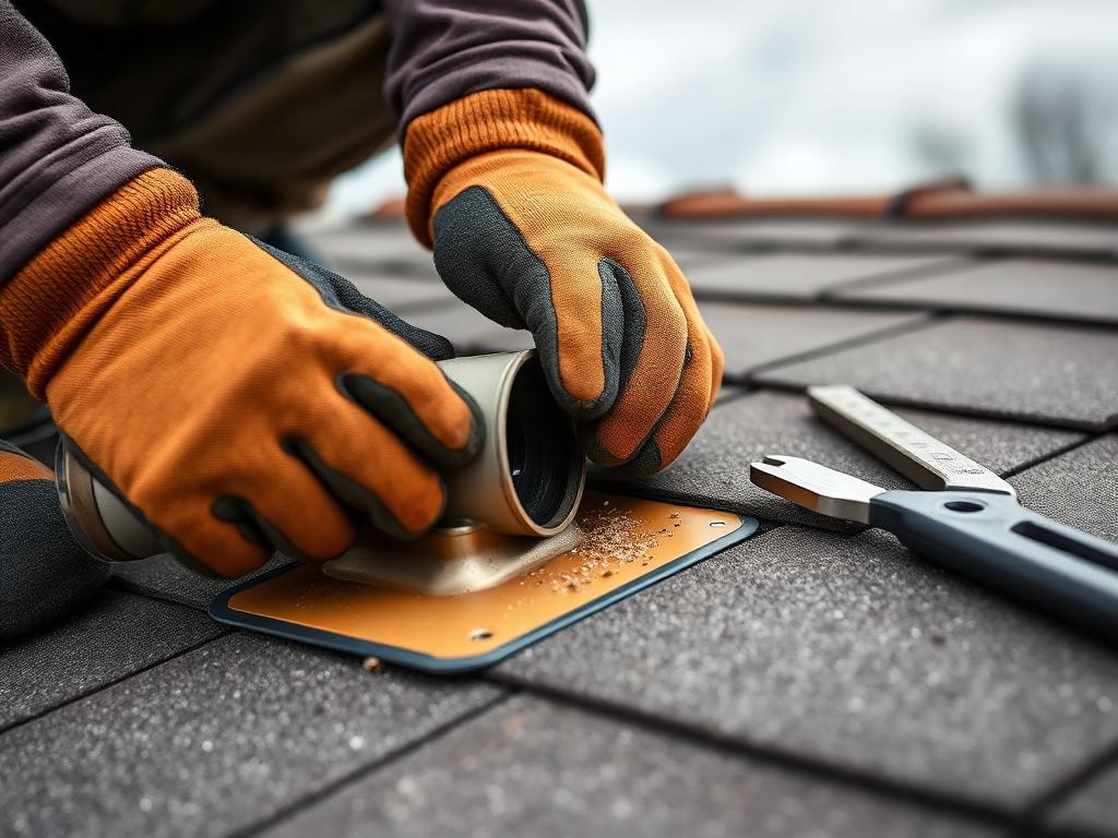 Roofer inspecting and replacing a failed pipe boot on a shingle roof