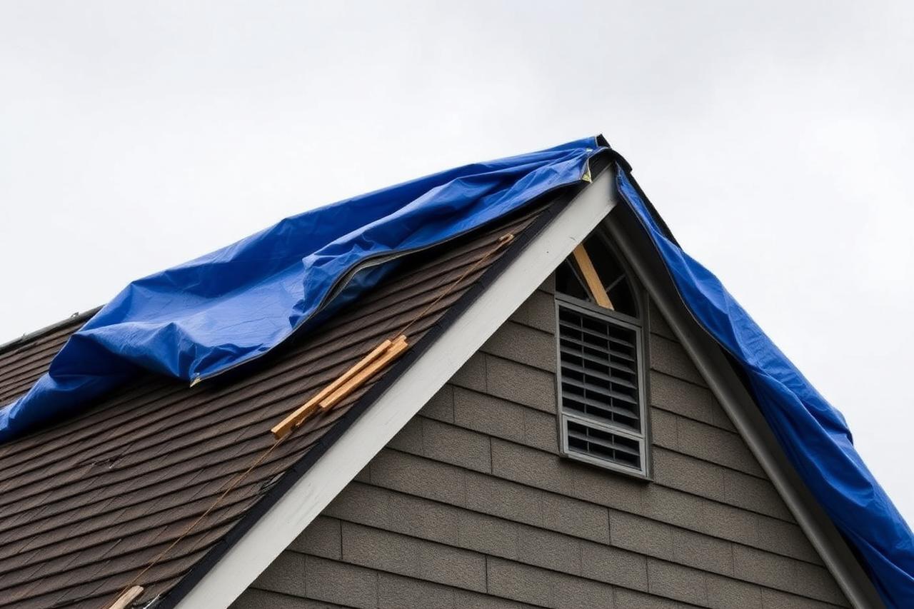 Blue emergency tarp battened over a wind-damaged section of a residential shingle roof