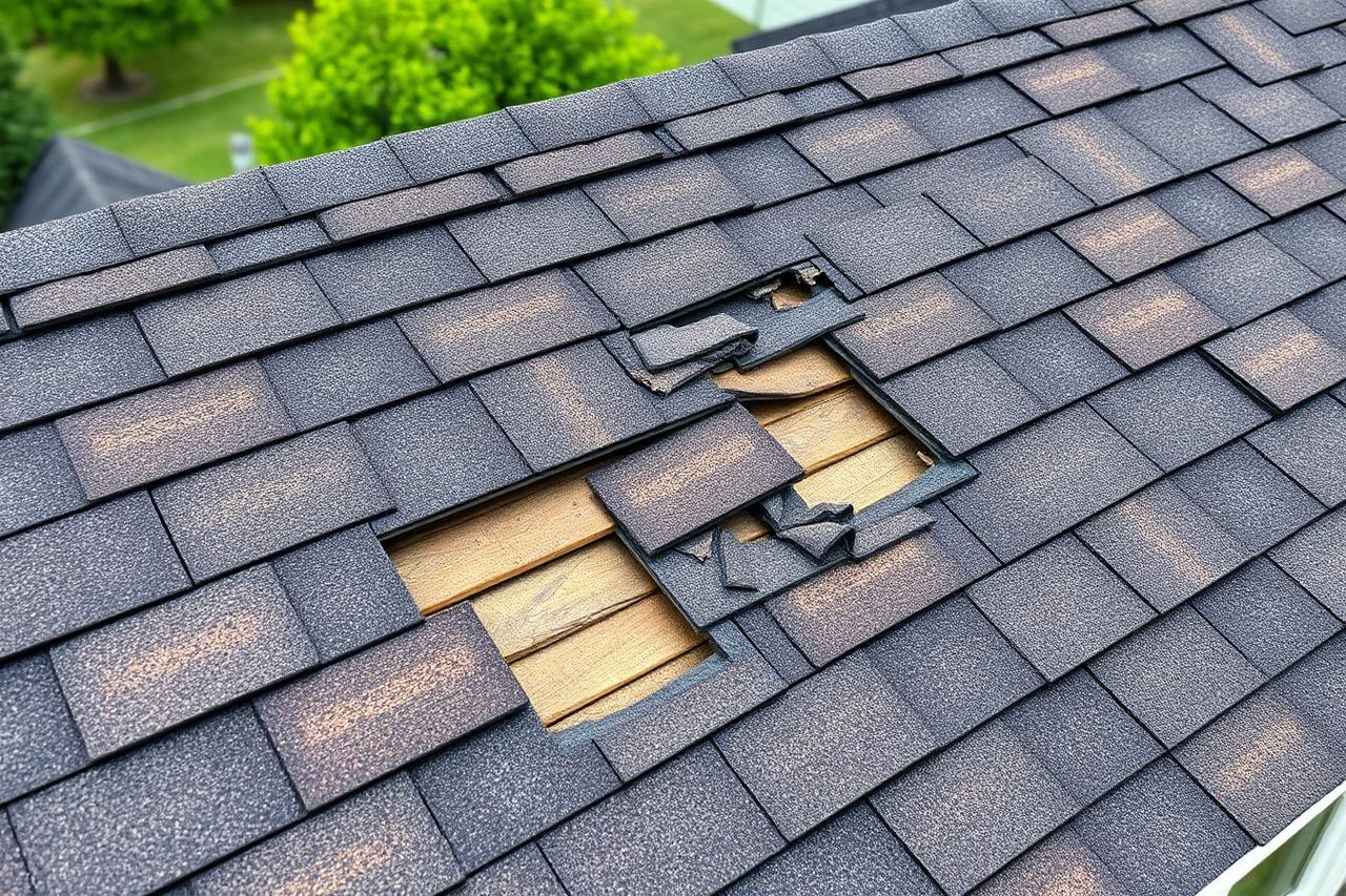 Missing and lifted asphalt shingles with exposed decking after wind damage